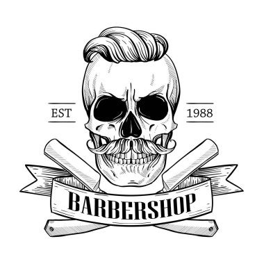 Berber dükkanı logosu, kafataslı kızgın çıkartma.