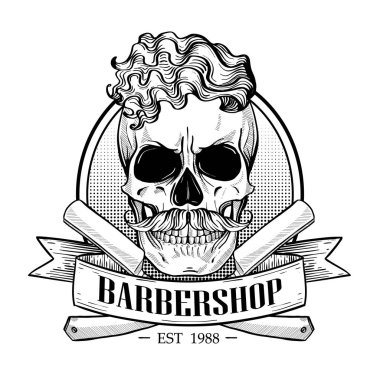 Berber dükkanı logosu, kafataslı kızgın çıkartma.