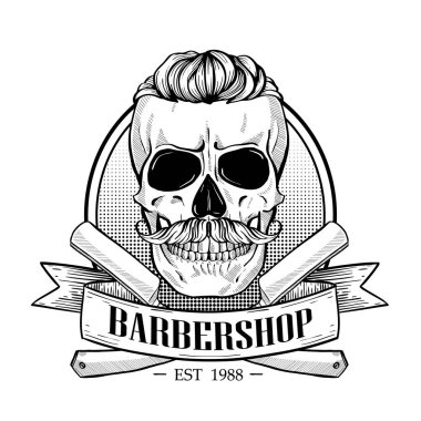 Berber dükkanı logosu, kafataslı kızgın çıkartma.