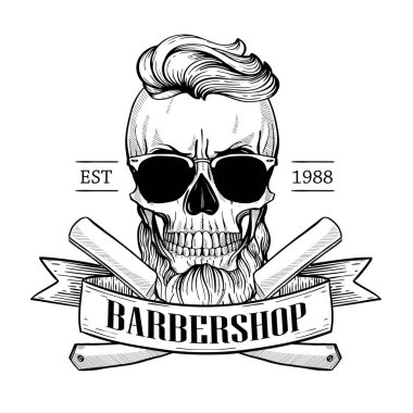 Berber dükkanı logosu, kafataslı kızgın çıkartma.