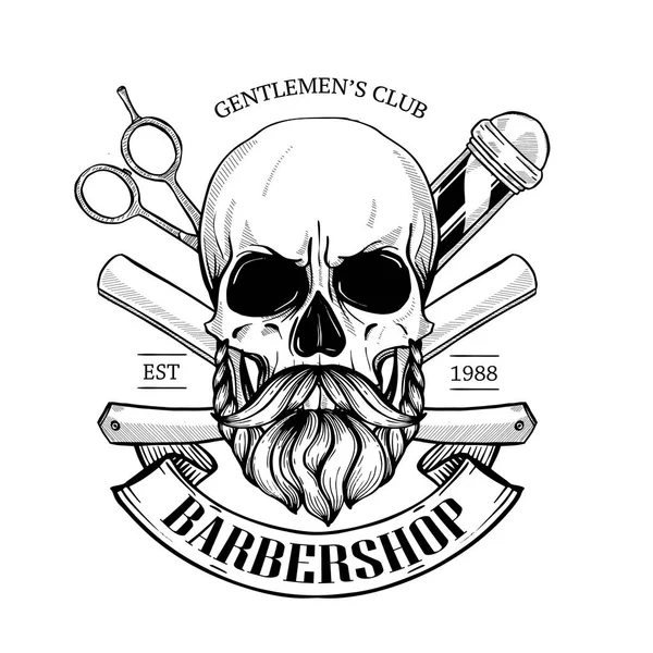 Friseur-Logo, wütender Aufkleber mit Totenkopf — Stockvektor