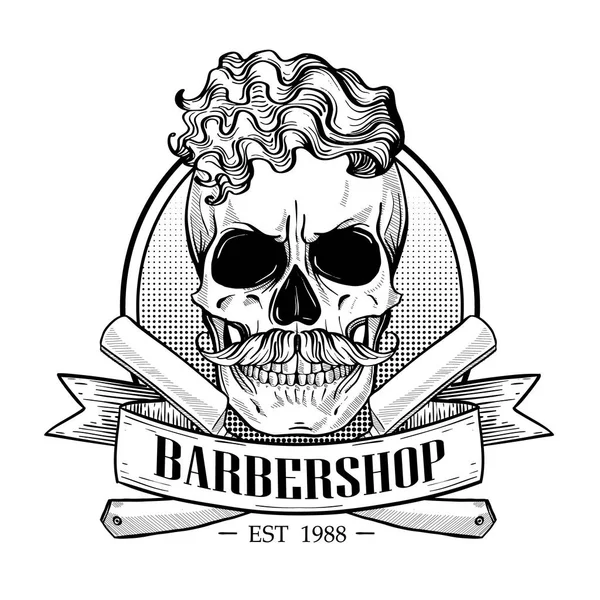 Logotipo da barbearia, adesivo irritado com crânio — Vetor de Stock