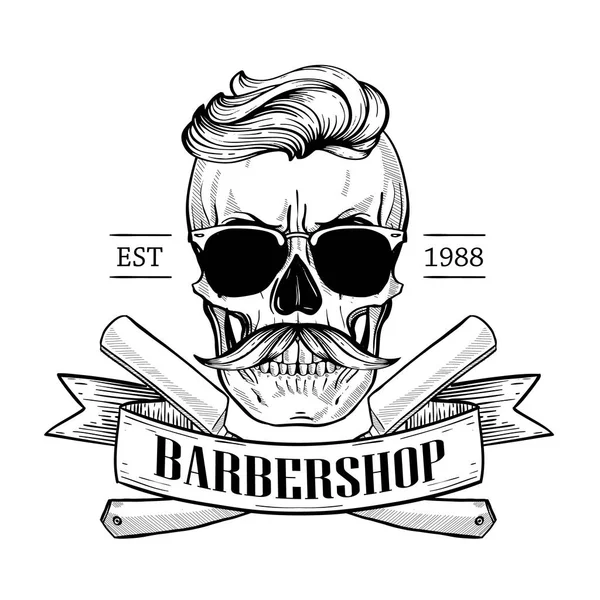 Barbershop logo, angry sticker with skull — Stock Vector