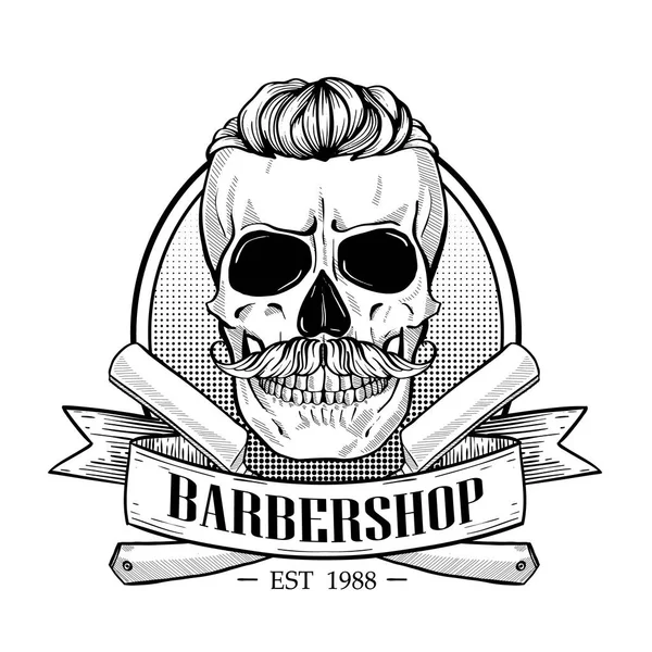 Logo de la barbería, pegatina enojada con cráneo — Vector de stock