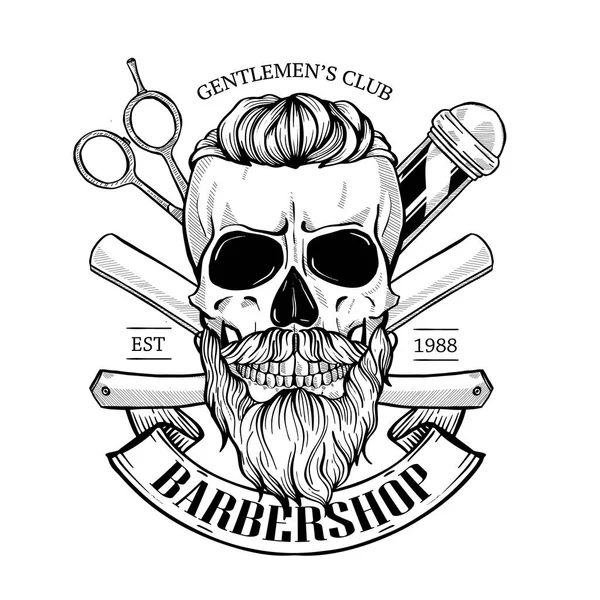 Friseur-Logo, wütender Aufkleber mit Totenkopf — Stockvektor