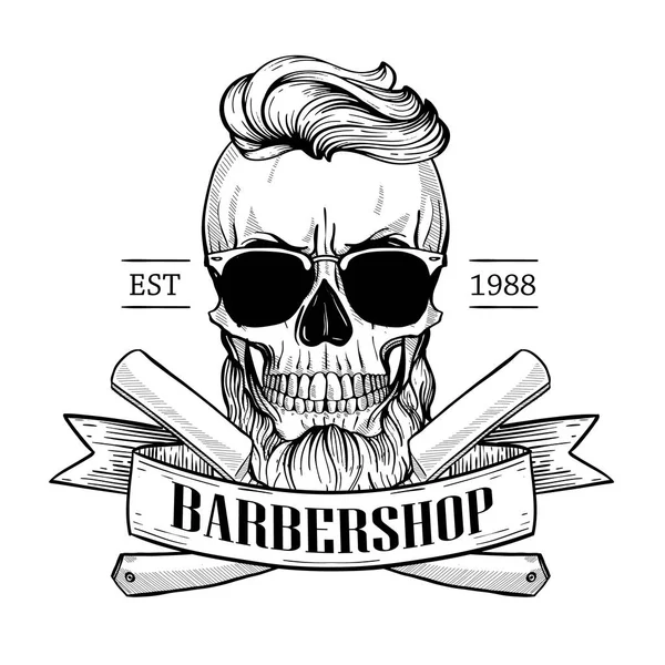 Logotipo da barbearia, adesivo irritado com crânio — Vetor de Stock