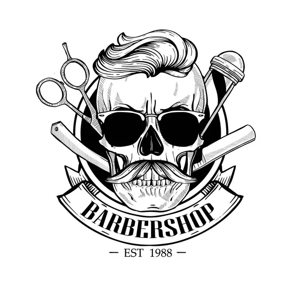 Logo Barbershop, autocollant en colère avec crâne — Image vectorielle