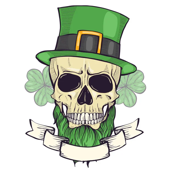 Color handdrawn skull of leprechaun — Stock Vector