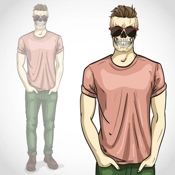 Vector hombre con cráneo con gafas de sol y — Vector de stock