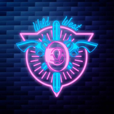 Vntage vahşi batı amblemi parlak neon işaret tuğla duvar arka plan üzerinde