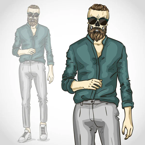 Vector hombre con cráneo y barba y bigotes — Archivo Imágenes Vectoriales
