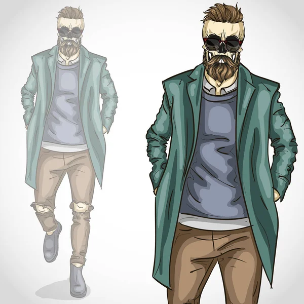 Uomo vettoriale con cranio e barba e baffi — Vettoriale Stock