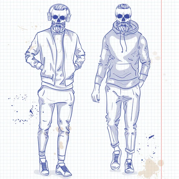 Set van twee mannen met skull vector, baard — Stockvector