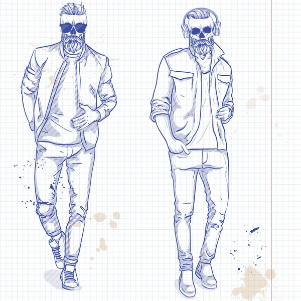 Διάνυσμα Σύνολο Των Δύο Ανδρών Κρανίο Γένια Μουστάκια Φορώντας Σακάκια — Διανυσματικό Αρχείο