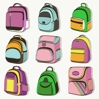 Renkli genç okul sırt çantaları seti