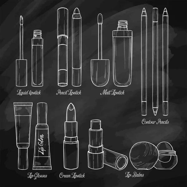 Verzameling van lippenstiften en lip glossen — Stockvector