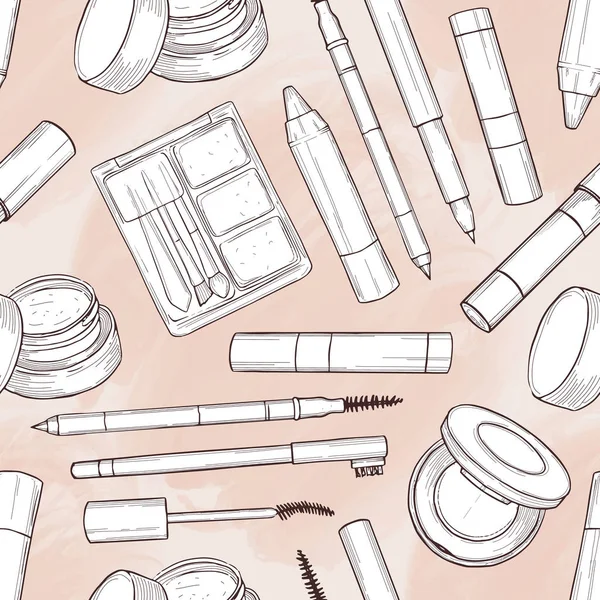 Modèle sans couture de produits de maquillage ensemble de croquis — Image vectorielle