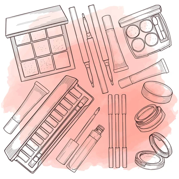 Skizze Set von Make-up-Produkten — Stockvektor