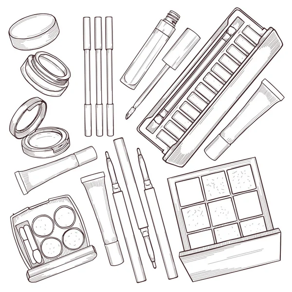 Sketch set produk makeup - Stok Vektor