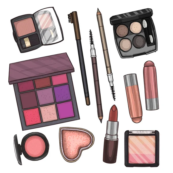 Illustration Couleur Des Produits Maquillage Ensemble Dessiné Main — Image vectorielle