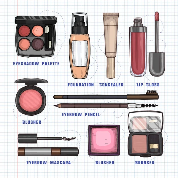 Färg illustration av makeup produkter — Stock vektor