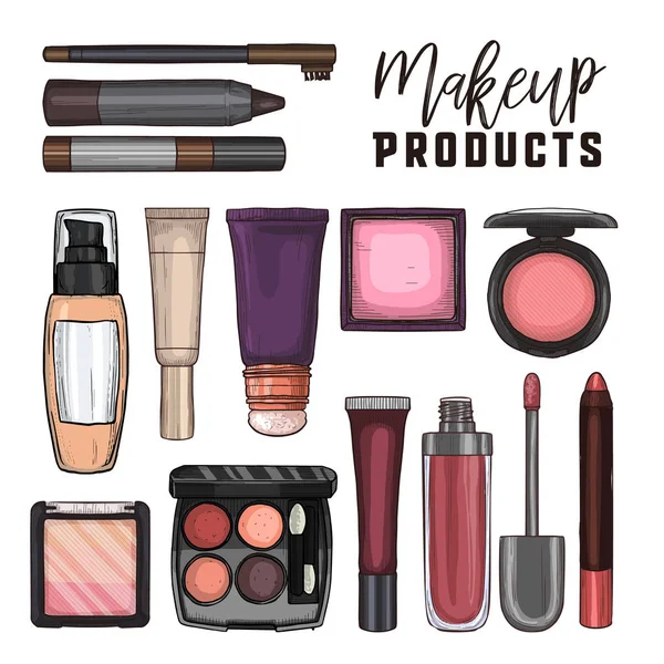 Ilustração colorida de produtos de maquiagem — Vetor de Stock