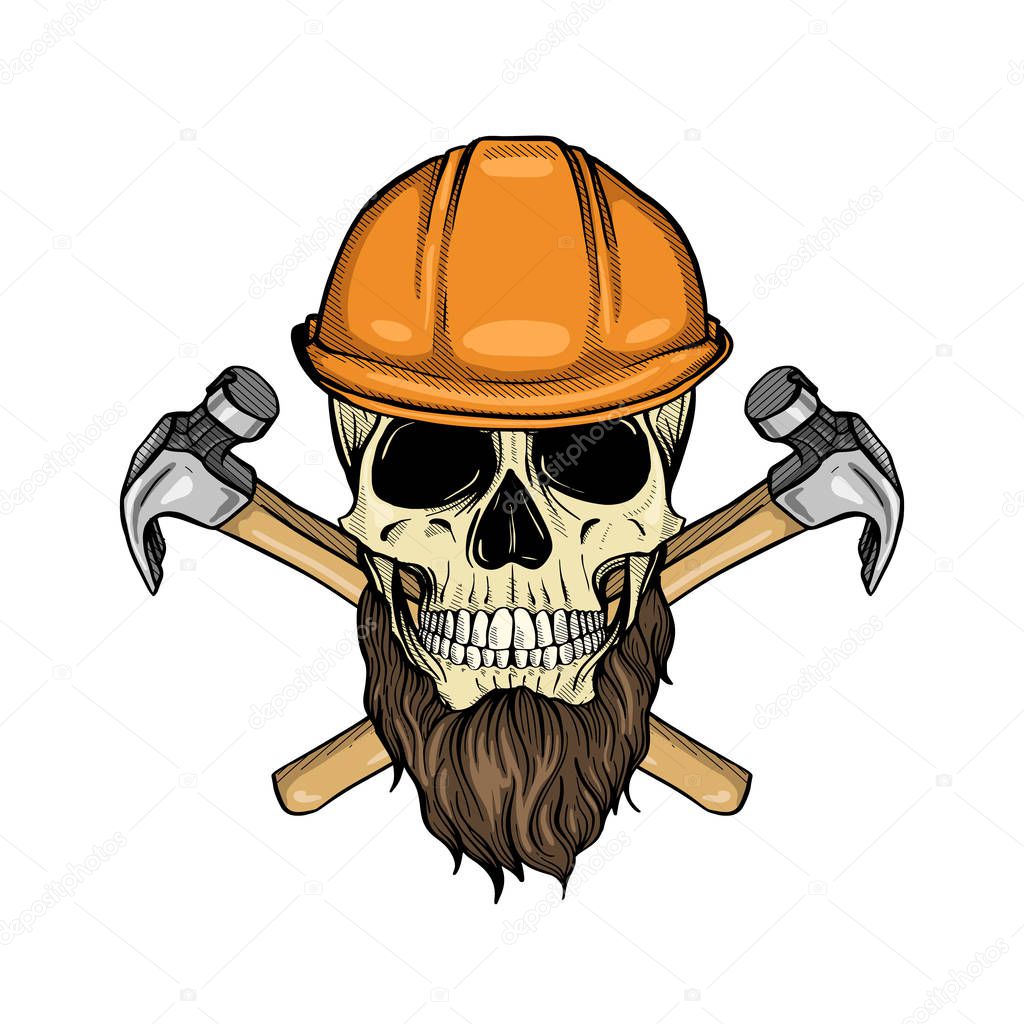 Hand drawn sketch, color skull with helmet, hammers, mustaches, beard and glasses