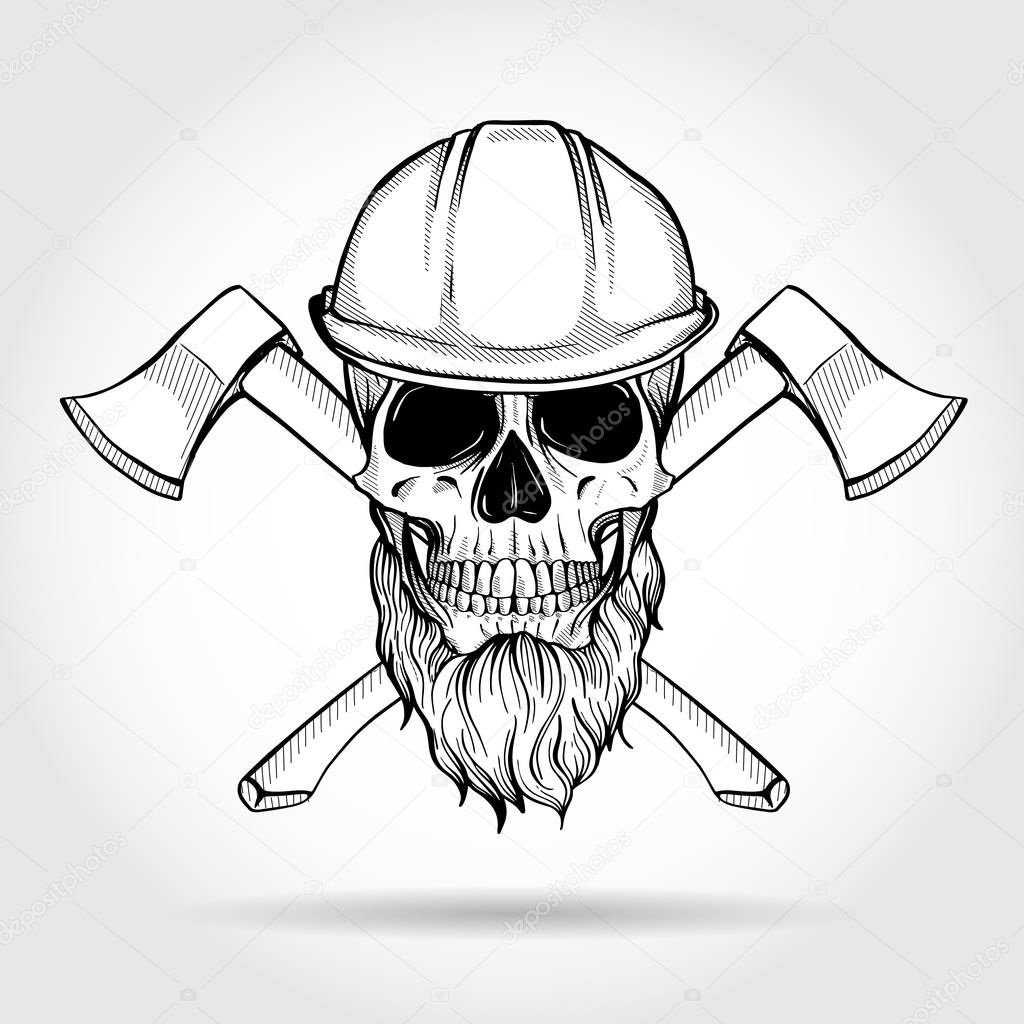 Hand drawn sketch, skull with helmet, axes and beard