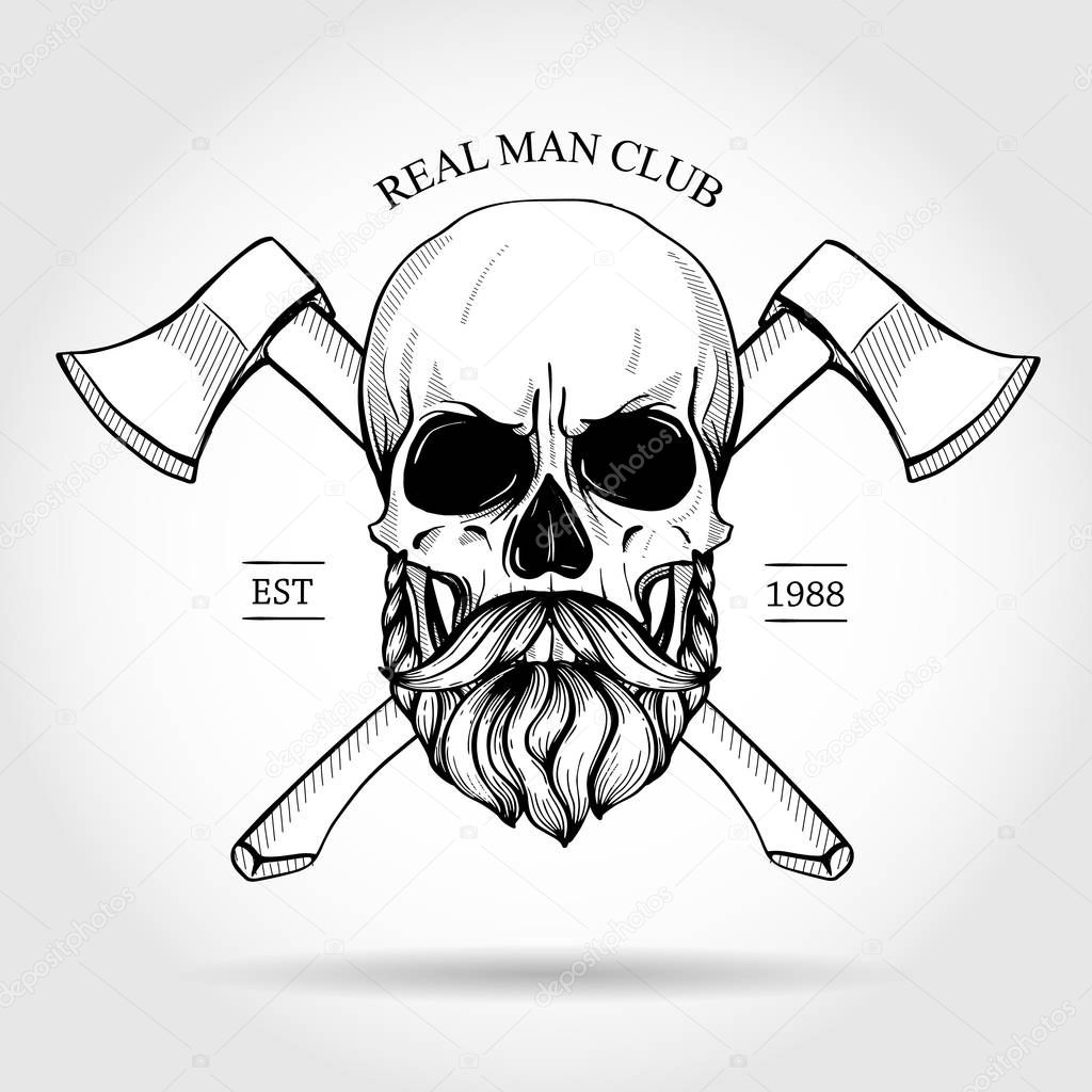 Hand drawn sketch, skull with hammer mustaches and beard