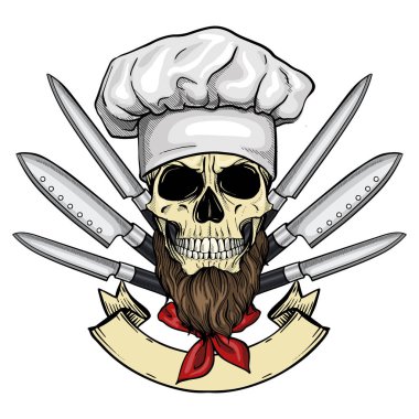 El çizilmiş kroki, renk kafatası aşçılar bıçak seti, aşçı şapkası ve sakal