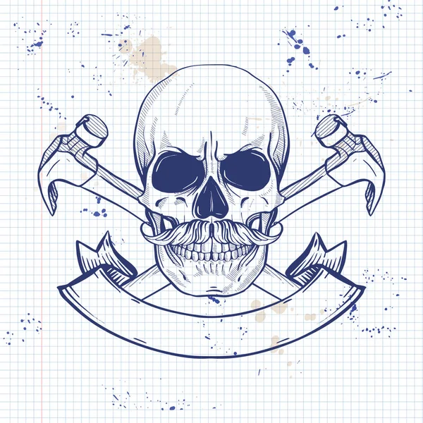 Bosquejo dibujado a mano, cráneo con hachas — Vector de stock