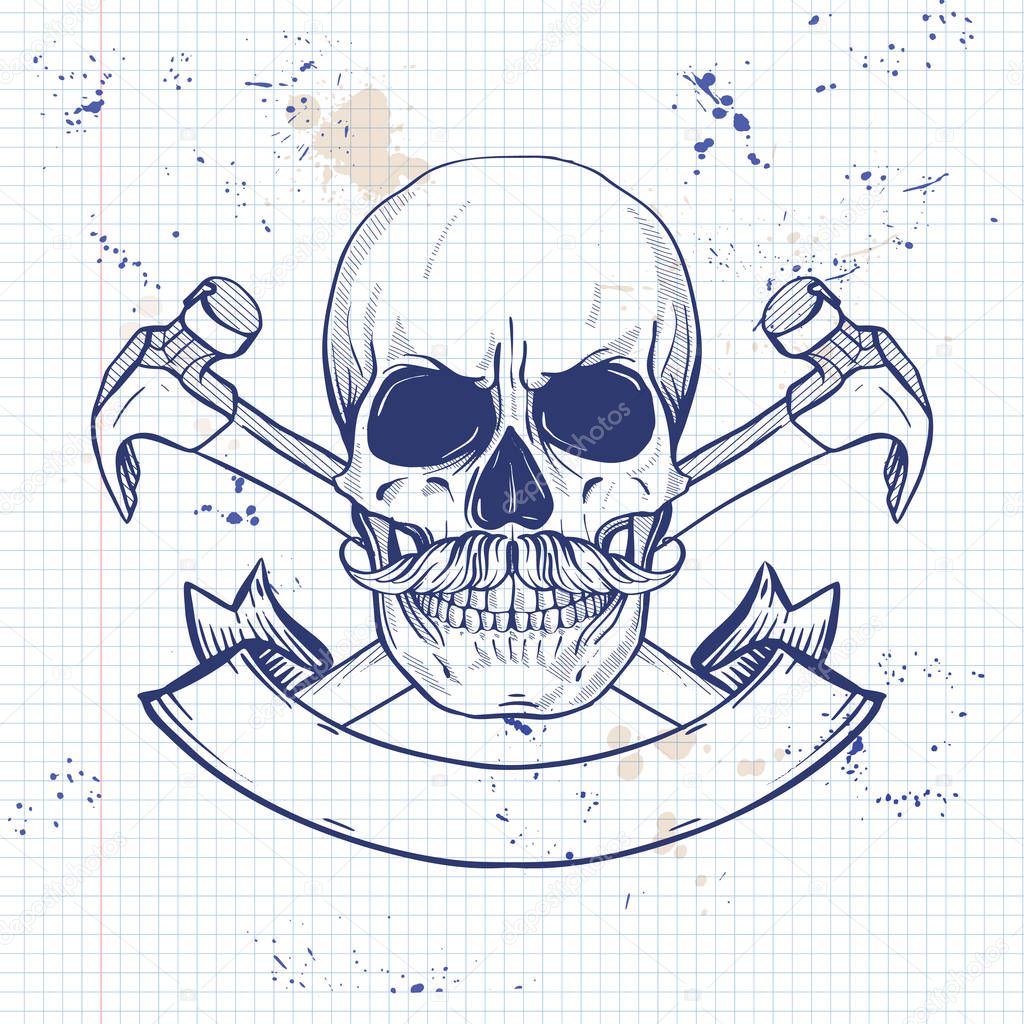 Hand drawn sketch, skull with axes on a notebook page