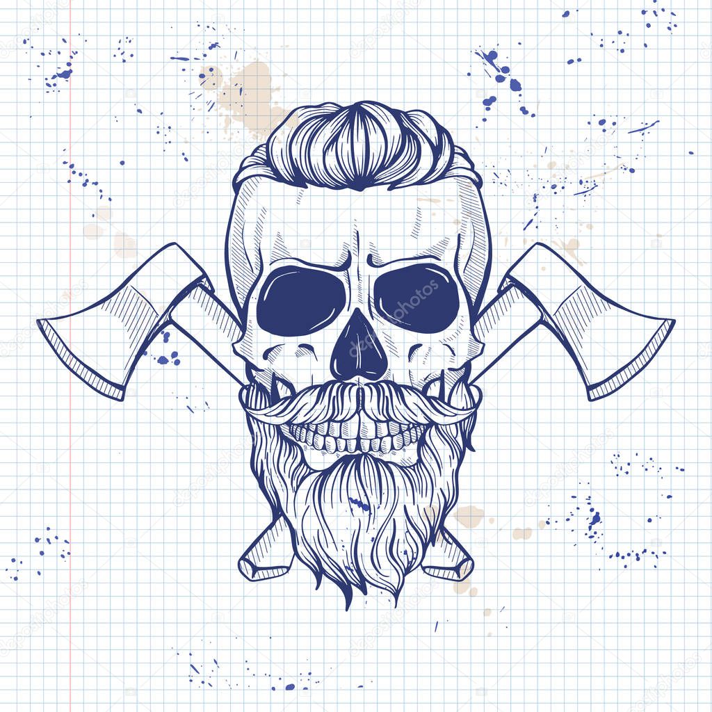 Hand drawn sketch, skull with axes, glasses, mustaches and beard on a notebook page