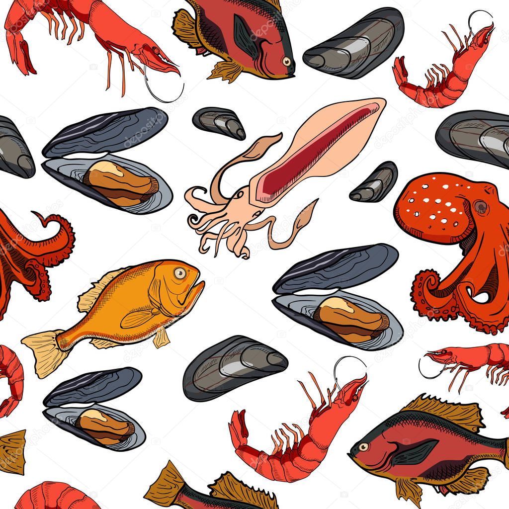 Pattern with set of colored sea food products. Realistic illustration of a sketch, suitable for restaurants and menus. Vector set of hand drawing
