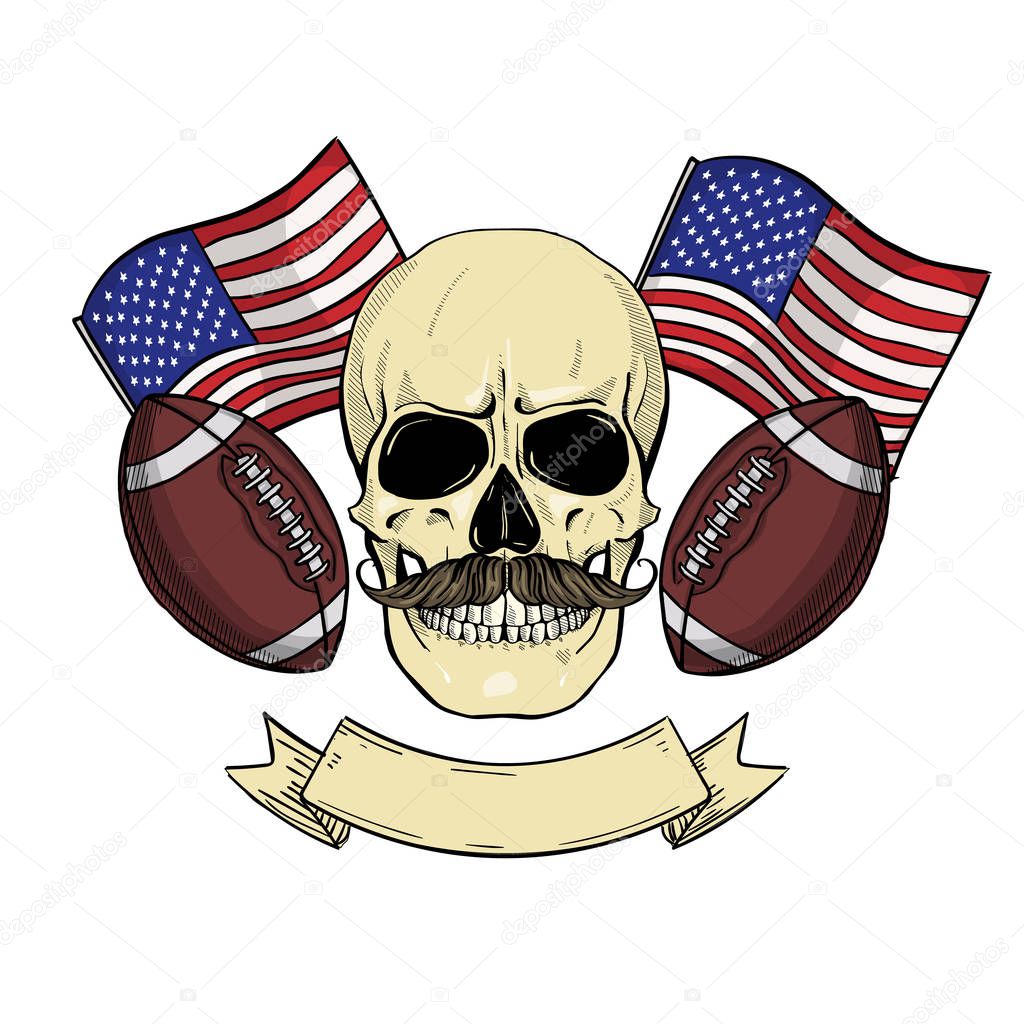 Hand drawn sketch, color angry skull, american football player with game attributes