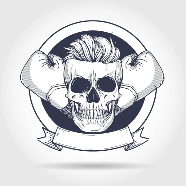 Calavera dibujada a mano con guantes de boxeo — Vector de stock