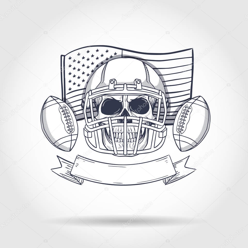Hand drawn skull, american football player with game attributes