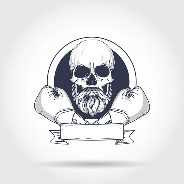 Calavera Enojada Dibujada Mano Con Guantes Boxeo Bigotes Barba — Vector de stock