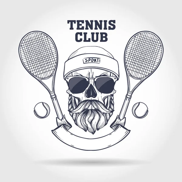 Esquisse, crâne avec raquettes de tennis, balles de tennis, bandeau, moustaches, barbe et lunettes de soleil — Image vectorielle