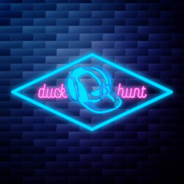 Neon tabela tuğla duvar arka plan üzerinde parlayan vintage avcılık amblemi