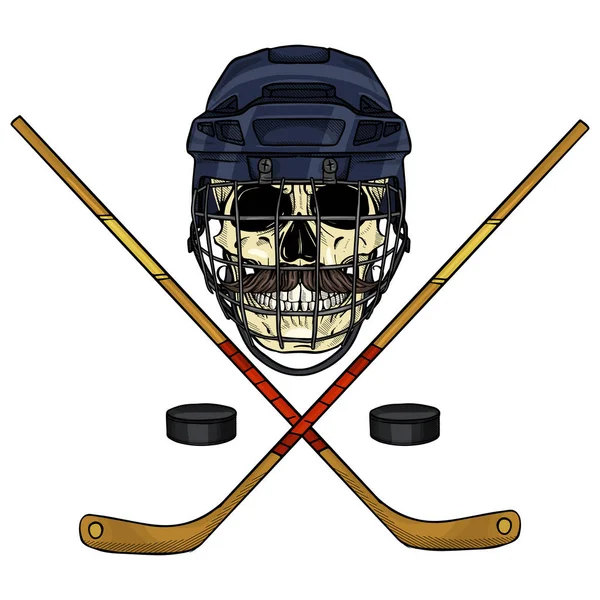 Croquis Dessiné Main Crâne Couleur Avec Casque Hockey Avec Grille — Image vectorielle