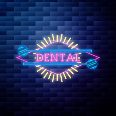 neon tabela tuğla duvar arka plan üzerinde parlayan vintage diş amblemi