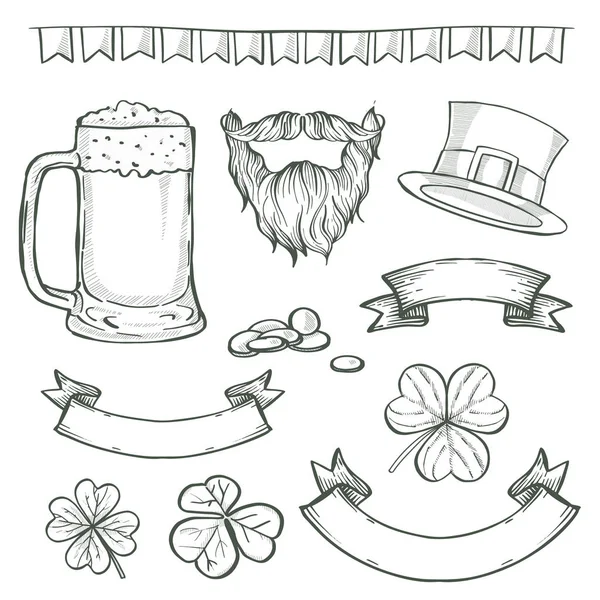 Conjunto Bocetos Para Día San Patricio Barba Bigotes Vaso Cerveza — Archivo Imágenes Vectoriales