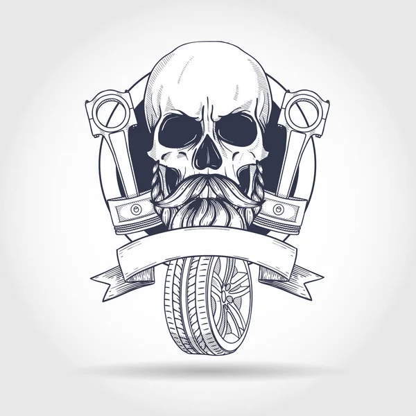 Çizimi Pistonlu Tekerlekli Kafatası Sakal Bıyıklı — Stok Vektör