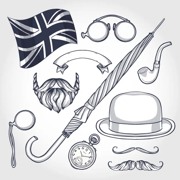 要素のひげと口ひげを生やして 縁なしの眼鏡 英国の旗 懐中時計 タバコ管のスケッチ — ストックベクタ