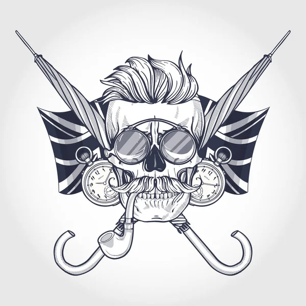 Sketch Britishskull Hairstyle Mustaches Rimless Eyeglasses Umbrella Pocket Watch British Stock Vector