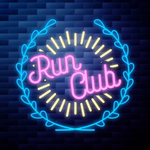 Vintage Run Club Emblema Brillante Letrero Neón Sobre Fondo Pared — Archivo Imágenes Vectoriales