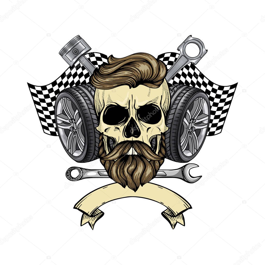 Hand drawn sketch, color skull with wrench, piston, wheel, finish flag and beard and mustaches