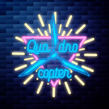 Neon tabela tuğla duvar arka plan üzerinde parlayan vintage Quadrocopter amblemi