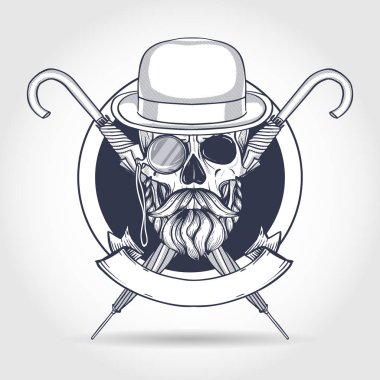 İngiliz kafatası melon şapka ve bıyıklar, çerçevesiz gözlük, cep saati ve şemsiye ile kroki